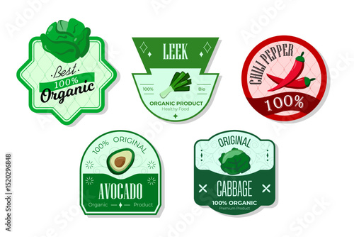 Retro fruits banner and labels. Different juices stickers. Packaging tags with leek, chili, avocado, cabbage. Set of seasonal fruits labels stickers and marks or badges template for packaging