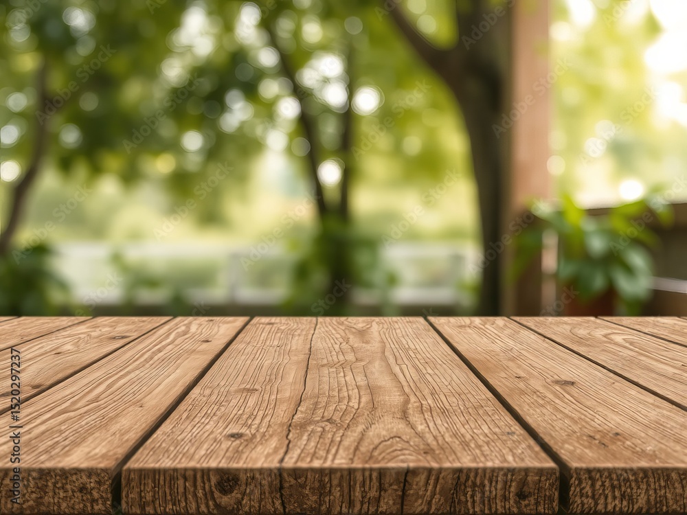 Wooden table surface with a blurred green outdoor background perfect for product placement and mockups Wooden table surface with a blurred green outdoor background perfect for product placement and mockups