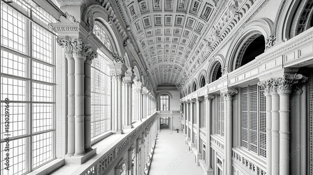 Naklejka premium Elegant Monochrome Grand Hallway With Vaulted Ceiling