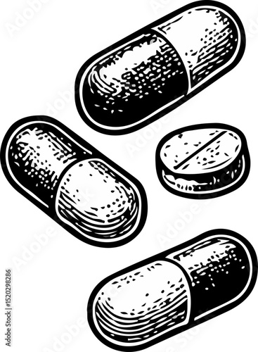 Sketch of assorted capsules and pills representing modern medication and treatment