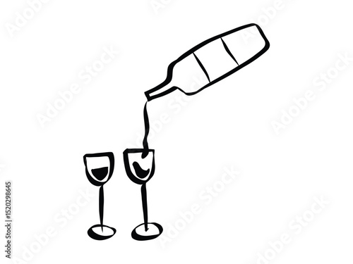 Wine glasses and bottle in whimsical doodle style. Coquette aesthetic elements of hand drawn line art. Symbols for Valentine day and invitations templates. Doodle vector illustration