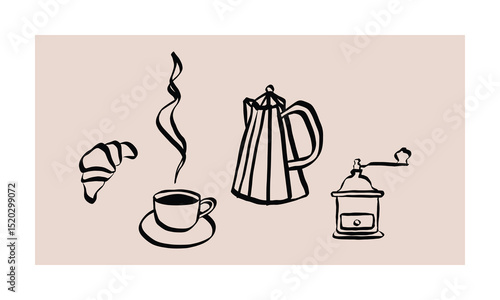 Coffee set in hand drawn doodle style. Retro whimsical symbols for cafeteria menu and business breakfast invitation. Trendy and cute art for social media. La dolce vita vector illustration