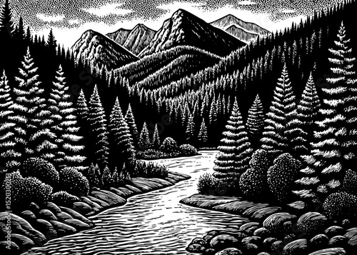 A black and white sketch vector of mountain landscapes, pine trees, and river scenes with fine lines