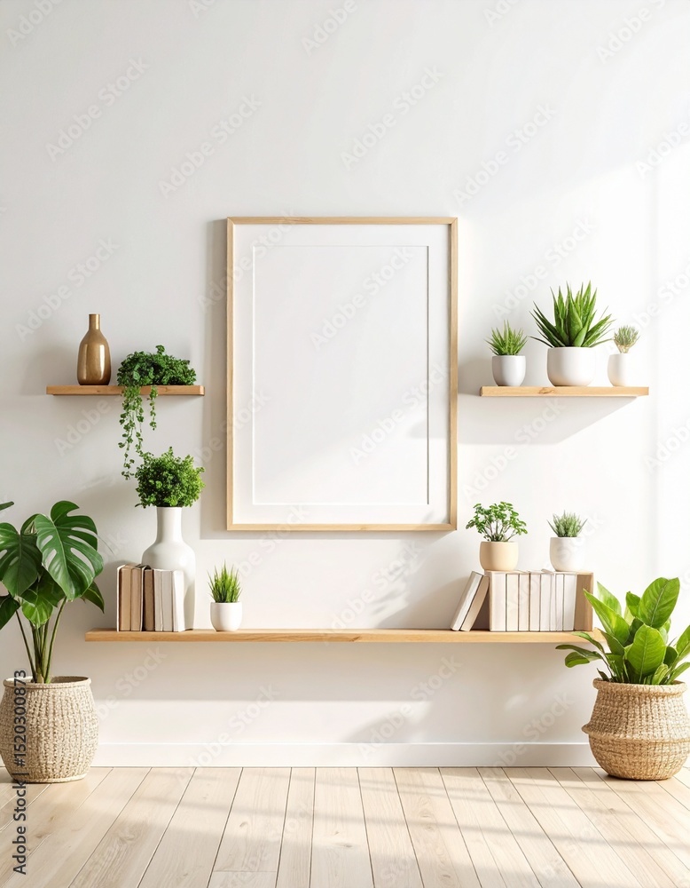 Fototapeta premium Bright Interior Wall with Minimalist Decor and Empty Frame for Mockup