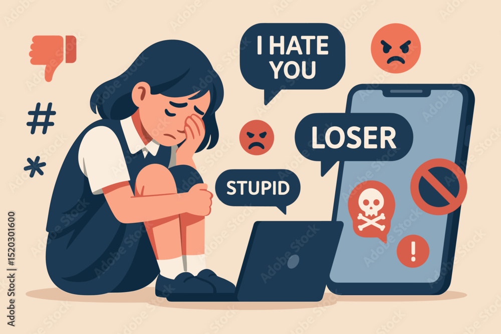 Cyberbullying concept illustration. Sad young girl victim of online harassment and digital abuse via smartphone and laptop. Negative messages, hate speech, teen depression, mental health issues. Cyberbullying concept illustration. Sad young girl victim of online harassment and digital abuse via smartphone and laptop. Negative messages, hate speech, teen depression, mental health issues.