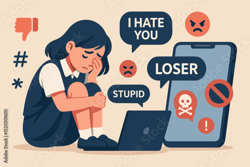 Cyberbullying concept illustration. Sad young girl victim of online harassment and digital abuse via smartphone and laptop. Negative messages, hate speech, teen depression, mental health issues.