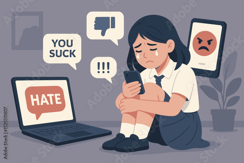 Cyberbullying victim illustration. Sad student girl crying from online hate speech, social media harassment. Teenager facing digital abuse, depression. Internet problem, mental health concept.