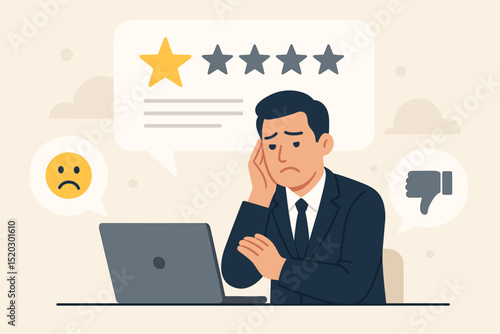 Bad review. Negative feedback. Online reputation crisis. Stressed businessman, one star rating, sad emoji, thumbs down. Customer dissatisfaction. Poor service. Business problems. Despair. Frustration.
