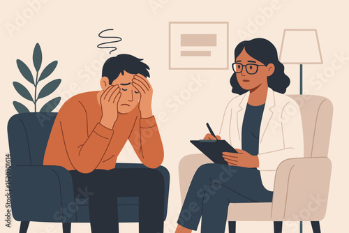 Therapy session illustration. Distressed man patient talking to female psychologist or psychiatrist. Mental health care, counseling for anxiety, depression, stress. Psychotherapy support.