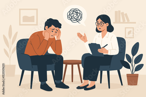 Psychology therapy session. Mental health support. Distressed man patient with tangled thoughts, anxiety, depression. Psychologist counseling for stress relief. Psychotherapy concept.