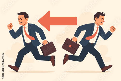 Opposing directions, business conflict concept. Two businessmen running different ways, disagreement, diverging strategies, competition, career choice. Rivalry, stress, corporate dilemma, vector.