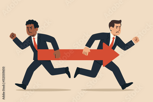 Opposing directions metaphor. Business conflict. Two diverse businessmen pulling arrow. Disagreement concept. Different paths. Strategic divergence. Corporate dispute. Partnership challenges.