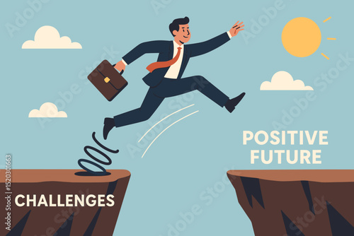 Leap to success: Businessman jumps over chasm from challenges to positive future with springboard. Concept of ambition, career growth, overcoming obstacles, motivation, opportunity, business progress.