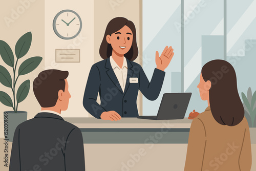 Professional receptionist at hotel front desk greeting guests. Woman assistant offering customer service, check-in support. Business lobby, hospitality, welcome, information concept. Flat design.
