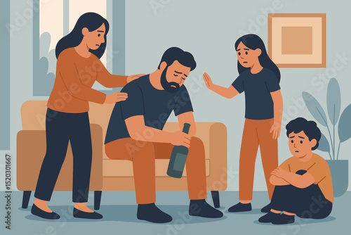Family intervention for alcoholic father. Concerned wife, son, daughter support man with drinking problem. Alcoholism, addiction, mental health crisis, therapy, group support vector.