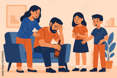 Family intervention for alcohol addiction: Worried wife and children comfort troubled man. Mental health crisis, alcoholism, family therapy, support group, social issue, vector illustration.