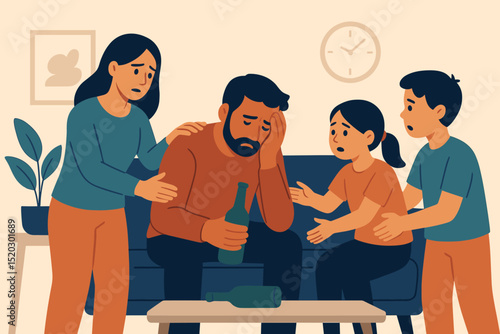 Family intervention for alcohol addiction. Worried wife and children support troubled father with drinking problem. Concept of alcoholism, mental health, family crisis, support. Vector.