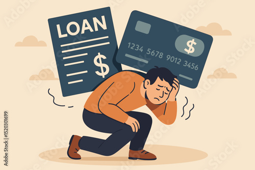 Financial stress concept illustration. Man overwhelmed by debt, carrying heavy loan document and credit card. Economic pressure, financial burden, anxiety, and money problems metaphor.