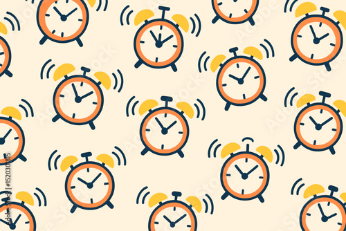 Ringing alarm clocks seamless pattern. Vector illustration of retro orange and yellow timepieces. Morning wake up call, deadline alert, time management concept. Vintage clock background design.