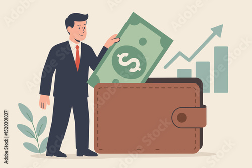 Businessman putting money in wallet, dollar bill cash. Financial growth, investment profit concept. Rising arrow graph, income increase, savings, success, wealth accumulation vector.