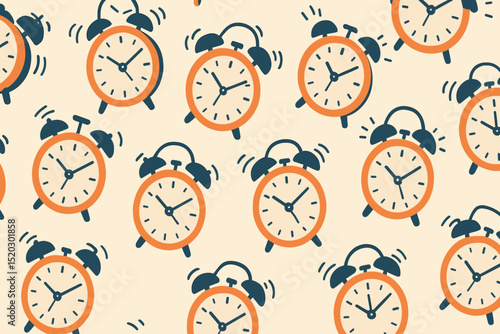 Ringing alarm clocks seamless pattern. Retro vintage style illustration. Morning wake up concept. Time management, deadline alert. Orange blue clocks. Vector graphic background. Doodle.