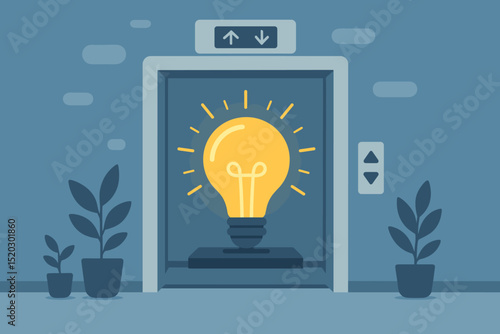 Startup growth symbol, lightbulb idea in elevator. Conceptual design for innovation, business progress, new opportunities, upward mobility, creative solution, invention, inspiration. Vector.