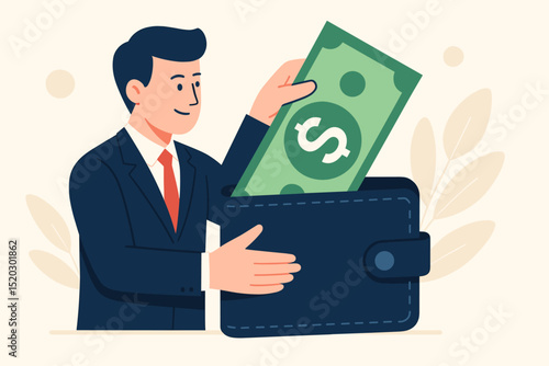 Businessman putting large dollar bill into wallet. Financial concept of profit, income, savings, investment, and earnings. Vector illustration of man managing money and achieving wealth.