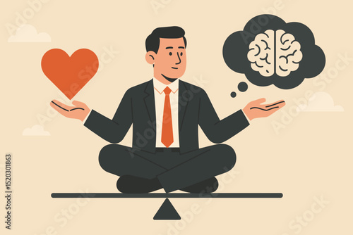 Balancing emotions and thoughts: Businessman on seesaw with heart and brain. Emotional intelligence, mental health, psychology, logic vs feeling, decision making, meditation, harmony. Vector.