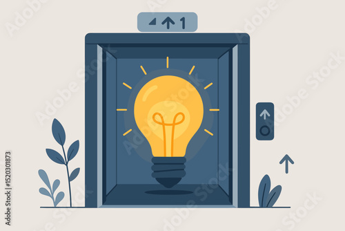 Elevator pitch concept. Glowing lightbulb idea in ascending lift, symbolizing startup growth, innovation, success. Business strategy, progress, new venture, creative solution, vision. Vector icon.
