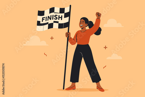 Victorious woman celebrating at finish line, holding checkered flag. Concept of success, achievement, goal completion, winning, determination, empowerment. Business, sports metaphor.