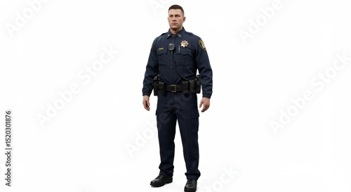 A police officer in a full uniform with a badge and radio, standing on a white background, full body, serious expression, realistic lighting.