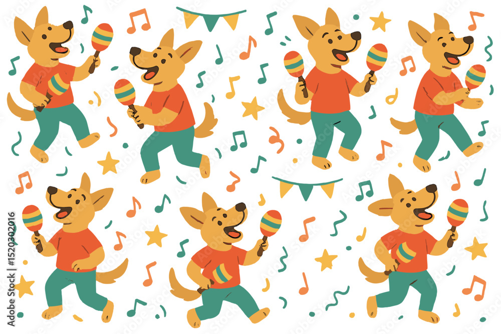 Dancing dog seamless pattern. Cute cartoon canine musician playing maracas. Festive animal character illustration for party, celebration, kids. Repeating background, musical notes, joyful rhythm. Dancing dog seamless pattern. Cute cartoon canine musician playing maracas. Festive animal character illustration for party, celebration, kids. Repeating background, musical notes, joyful rhythm.