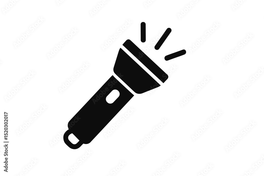Flashlight icon, black vector silhouette. Torch with light beam symbol for hiking, camping, emergency, and outdoor activities. Simple portable lighting equipment illustration for web and print design. Flashlight icon, black vector silhouette. Torch with light beam symbol for hiking, camping, emergency, and outdoor activities. Simple portable lighting equipment illustration for web and print design.