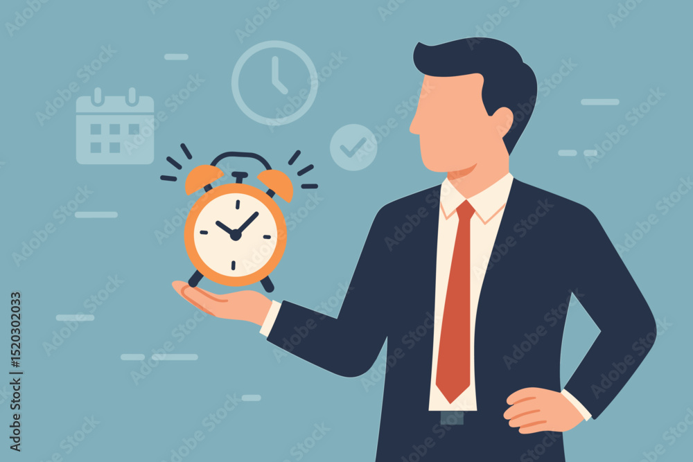 Time management concept with businessman holding ringing alarm clock. Deadline alert, productivity, planning, schedule organization, efficiency in business. Project management vector illustration. Time management concept with businessman holding ringing alarm clock. Deadline alert, productivity, planning, schedule organization, efficiency in business. Project management vector illustration.