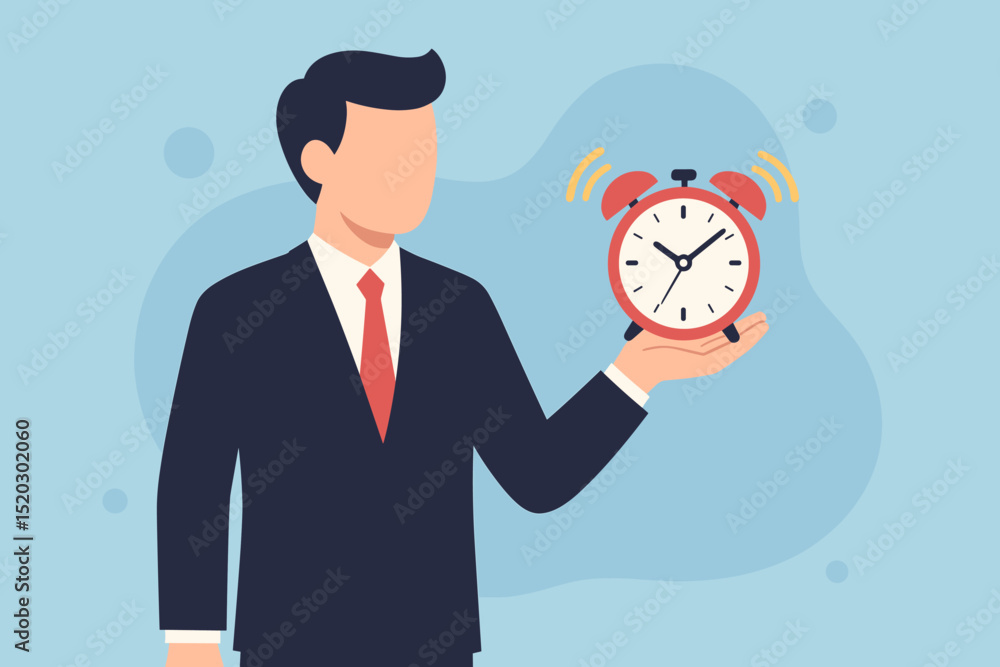 Time management concept. Faceless businessman holding ringing alarm clock. Deadline alert. Productivity. Efficiency. Punctuality in business. Work schedule. Urgency metaphor. Reminder. Time management concept. Faceless businessman holding ringing alarm clock. Deadline alert. Productivity. Efficiency. Punctuality in business. Work schedule. Urgency metaphor. Reminder.