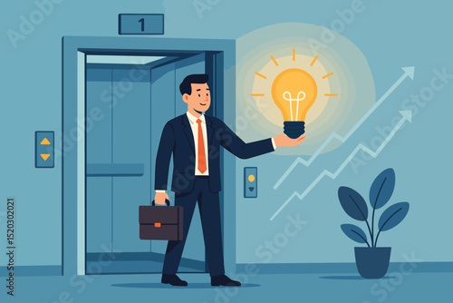 Businessman with bright idea lightbulb by elevator, symbolizing startup growth, career advancement, innovation, and business success. Entrepreneurial opportunity, progress, and development concept.