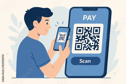 QR code scan for mobile payment. Man using smartphone contactless pay app. Digital wallet transaction. Fintech, e-commerce, online shopping. Fast, secure cashless purchasing concept. Vector.