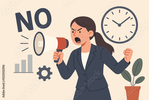 Businesswoman shouting NO through megaphone. Assertive employee rejecting demands. Office stress, deadline pressure, burnout. Workplace protest, disagreement, time management. Vector.