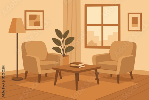 Warm, inviting living room illustration for a cozy home or office setup. Comfortable armchairs, coffee table with books, floor lamp, and window with outdoor view for relaxing.