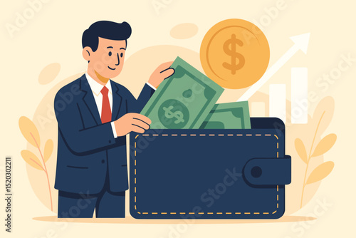Financial Growth and Investment: Businessman Adding Dollar Bills to Wallet with Rising Chart and Coin. Concept of Savings, Wealth Accumulation, and Economic Success. Vector Illustration.