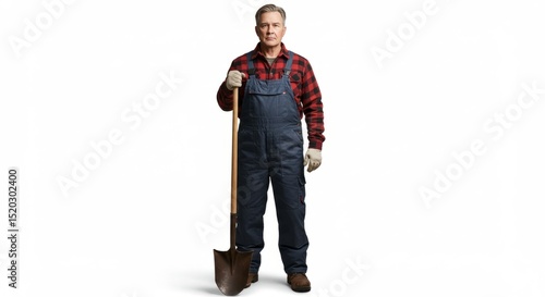 A farmer in overalls, a plaid shirt, and boots, holding a tool like a hoe or watering can, standing on a plain white background, full body, realistic style.