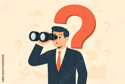 Business Vision and Future Outlook: Inquisitive Businessman with Binoculars Amidst Questions and Ideas, Strategic Foresight and Opportunity Discovery