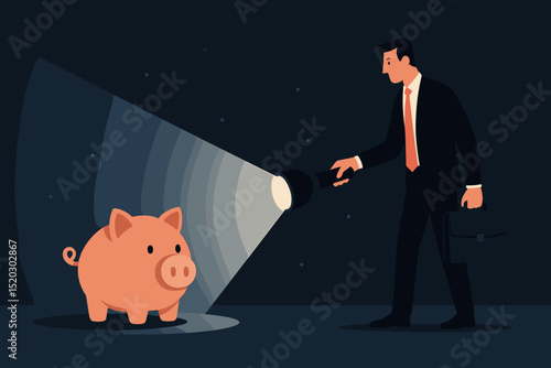 Businessman with flashlight illuminates piggy bank in dark, searching for investment, savings, finance, and business opportunities; financial exploration and discovery.
