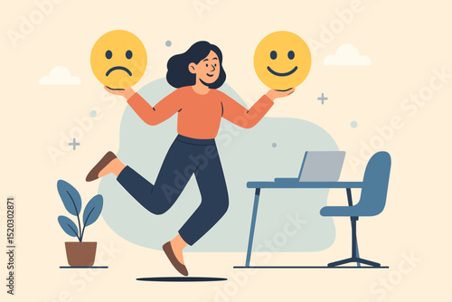 Emotional Balance at Work: Woman Leaping Between Happy and Sad Moods, Managing Stress and Emotional Capital in a Company Setting in Graz, Austria
