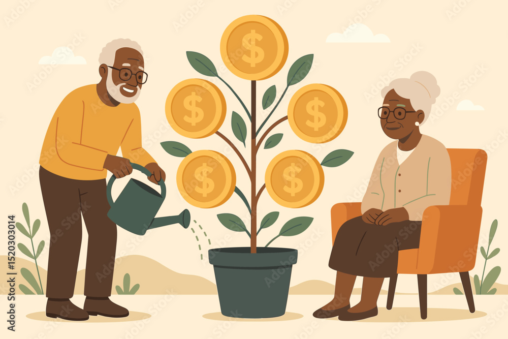 Grandparents watering money tree, symbolizing financial growth, pension, retirement planning, savings, investment, and long-term wealth for seniors and future generations. Grandparents watering money tree, symbolizing financial growth, pension, retirement planning, savings, investment, and long-term wealth for seniors and future generations.
