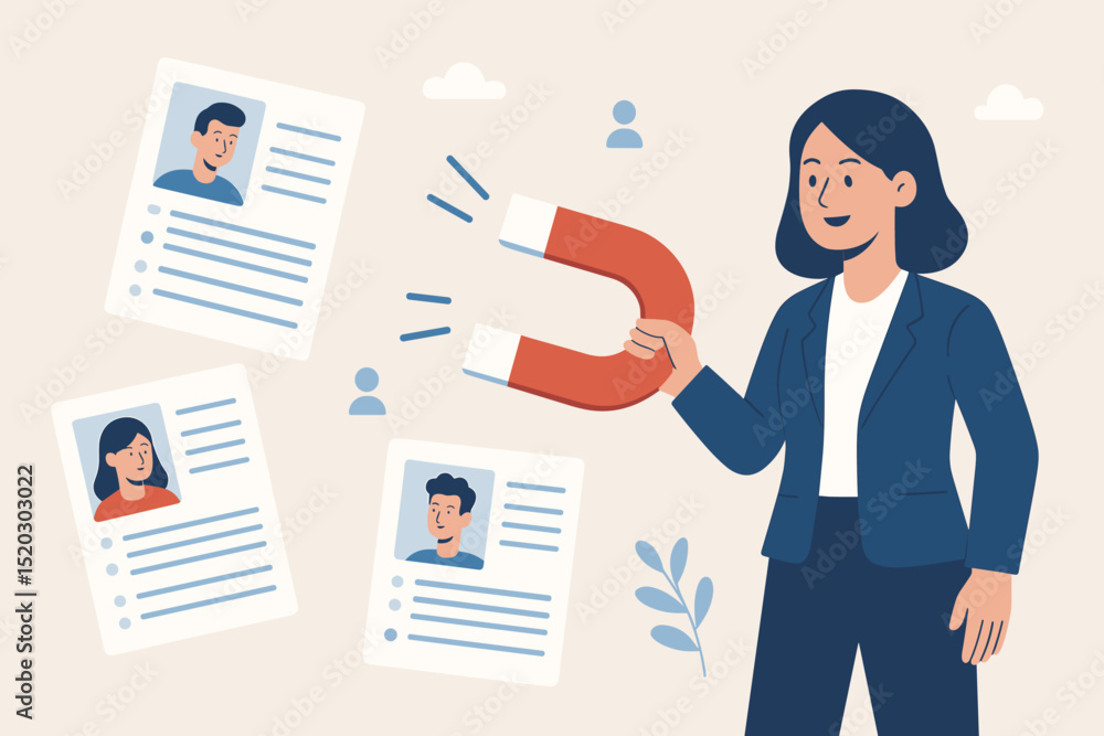 Magnetic recruitment process attracting new talent. Woman HR manager holding magnet to draw job seekers, perfect candidates, employee hiring. Human resources strategy for business growth. Magnetic recruitment process attracting new talent. Woman HR manager holding magnet to draw job seekers, perfect candidates, employee hiring. Human resources strategy for business growth.