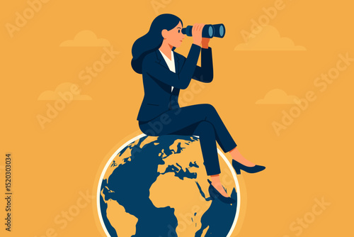 Businesswoman on top of the world using binoculars, actively exploring global opportunities, searching for success, future vision, leadership, and international growth.