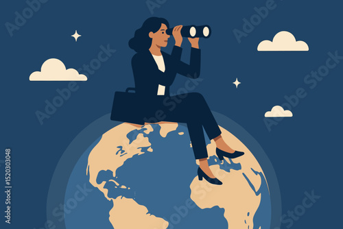 Businesswoman seeking global opportunities, future vision, growth, success. Entrepreneur looking through binoculars for worldwide investment. Strategy, innovation.