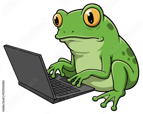 Frog trying to use a laptop, looking confused by the technology. Vector sticker design