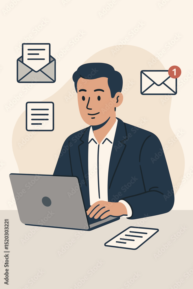 Professional man using laptop, managing business emails, inbox, communication. Digital marketing, remote work, online message review, notification, productivity. Corporate, modern worker. Professional man using laptop, managing business emails, inbox, communication. Digital marketing, remote work, online message review, notification, productivity. Corporate, modern worker.